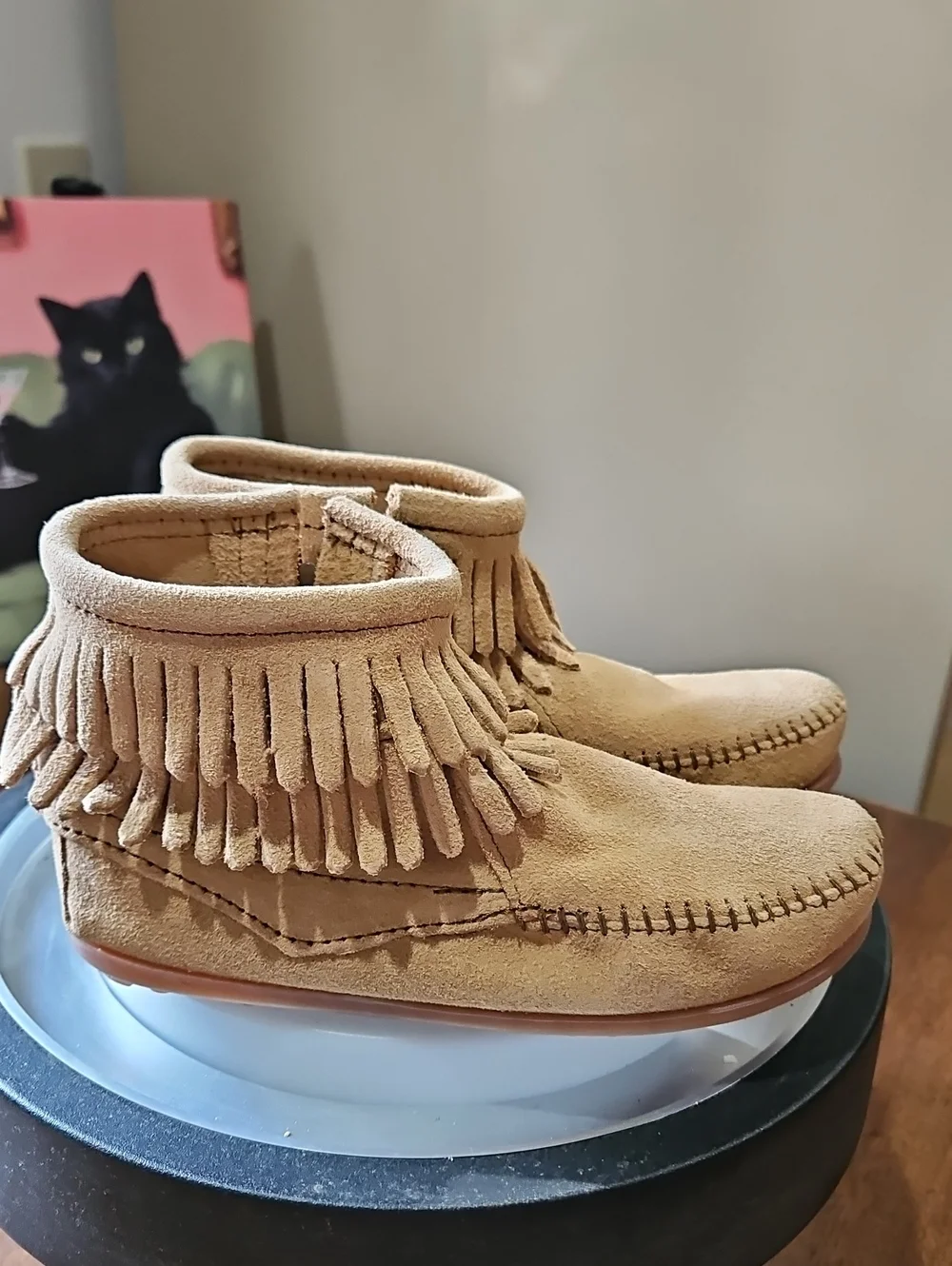 Minnetonka Suede Fringe Ankle Moccasins - Tan